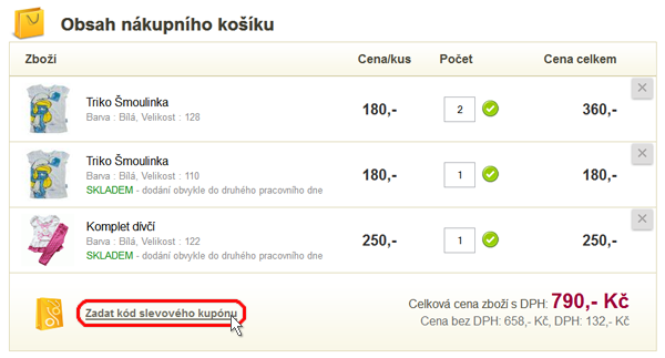 Nákupní košík - zadání slevového kódu